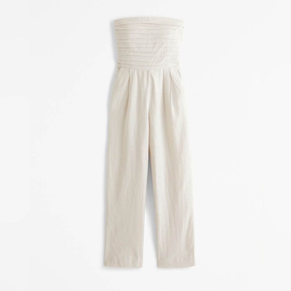 Abercrombie & Fitch Beige Strapless Linen Jumpsuit - Picture 4 of 12